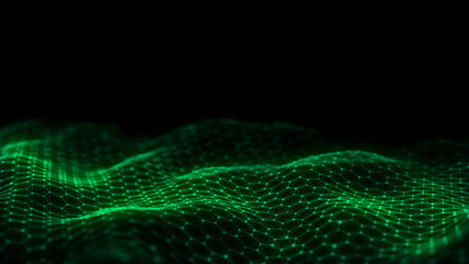 Dark hexagon wave of particles and lines with glitch effect. Big data visualization. Abstract background with a dynamic wave. 3d rendering.