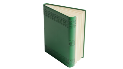 Isolated green hardcover book open to blank pages on display for journaling, note taking