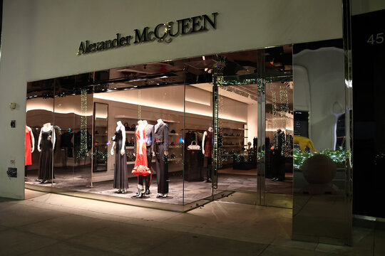 Beverly Hills, California &ndash; November 30, 2025: ALEXANDER MCQUEEN luxury fashion boutique by night on Rodeo Drive, Beverly Hills