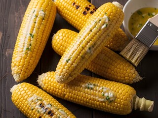 Melted butter being brushed on corn
