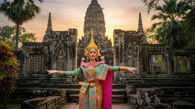Graceful Khmer Dancer Poses at Ancient Temple Ruins During Sunrise, Evoking a Sense of Cultural
