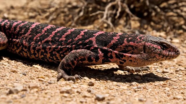 Close-up of a colorful Argentine Black and White Tegu lizard with pink stripes on sandy ground