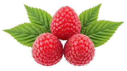 Isolated heap of delicious fresh red raspberries with green leaves for dessert or snacking