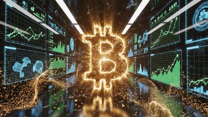 Bitcoin market trends analysis in a high-tech trading room with futuristic data visualization and cryptocurrency charts at 4K 60fps - Powered by Adobe