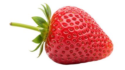 Isolated fresh strawberry fruit, ready to eat; garden berry dessert with leaves and stem