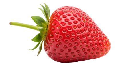Isolated fresh strawberry fruit, ready to eat; garden berry dessert with leaves and stem