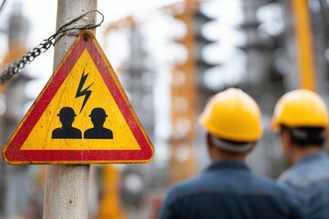 Industrial noise hazard warning sign indicating potential risks for workers in a busy construction area with safety measures in place
