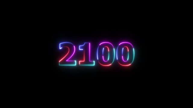 Futuristic glowing neon light 2100 Year text animation. Animated text 2100 neon glowing with reflection, Glowing neon number text background 4k video animation .Digital font against a dark background.