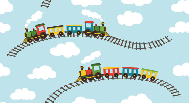 Seamless pattern for children with colorful toy trains traveling on wavy railways through a blue sky with fluffy white clouds.
