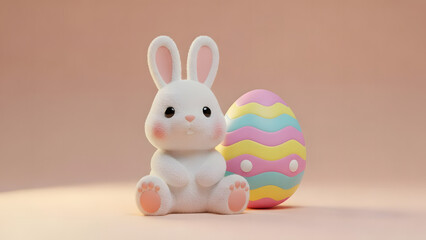 Obraz premium Cute 3D Fluffy White Easter Bunny with Colorful Striped Egg on Neutral Background