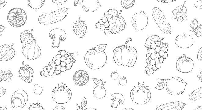 Seamless black and white pattern with hand-drawn fresh fruits and vegetables like grapes tomatoes and cucumbers in a sketch style.