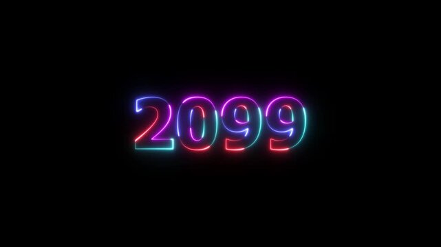 Futuristic glowing neon light 2099 Year text animation. Animated text 2099 neon glowing with reflection, Glowing neon number text background 4k video animation .Digital font against a dark background.