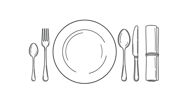 A hand-drawn black and white sketch of a classic restaurant table setting with a plate fork spoon knife and napkin.