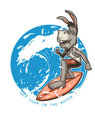 Funny Donkey Character Surfing on Ocean Waves Summer Illustration