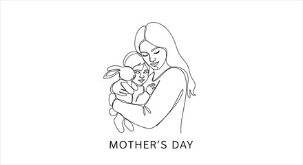 Obraz premium A minimalist continuous one line drawing of a mother lovingly embracing her child for a Happy Mother's Day greeting card.