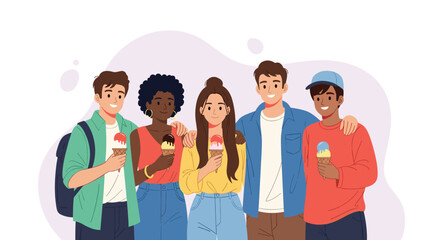 Obraz premium A happy and diverse group of five young friends standing together and smiling while eating delicious ice cream cones.
