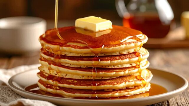 A tall stack of fluffy pancakes is drizzled with golden maple syrup and topped with a pat of melting butter.
