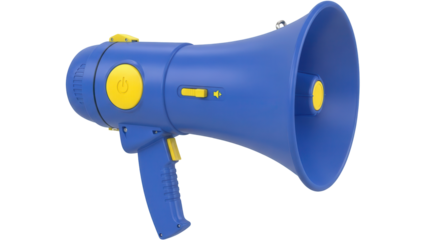Isolated blue and yellow megaphone for communication, public speaking, crowd control and safety