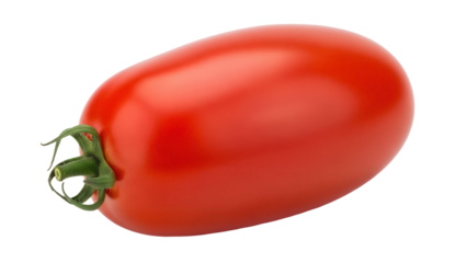 Isolated red plum tomato, fresh, with stem, studio shot for culinary ingredient usage