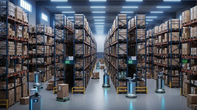 Industrial Precision: Rows of automated robotic systems navigate through a vast warehouse, managing the systematic organization of inventory.