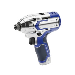 Cordless electric impact driver in silver and blue isolated on transparent background