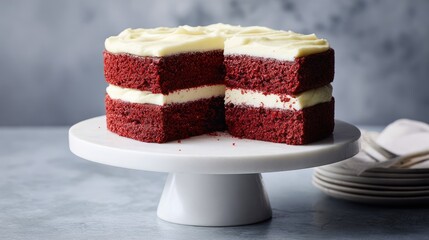 Red velvet cake with cream cheese frosting on a white cake stand. The cake is layered and cut, showcasing its rich color and texture.