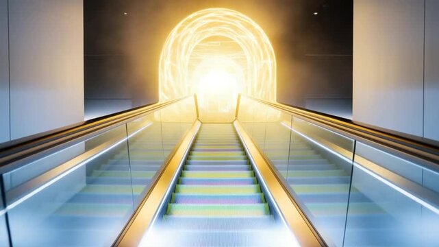 Escalator to the light: a modern escalator ascends towards a glowing portal of light. This scene encapsulates notions of progress, transcendence, and a journey towards illumination.