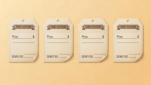 Antique Bookstore and Library Vintage Card Catalog Price Tag Template with Folded Corner and First Edition Ribbon