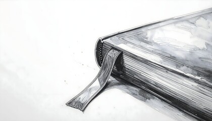 しおりが挟まれた本の角を描いた鉛筆スケッチ