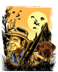 Professional Hunter with Dog and Rifle in Sunset Forest
