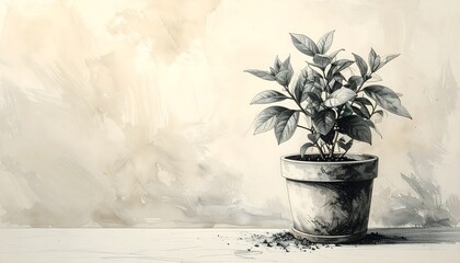 鉛筆で描かれた鉢植えの観葉植物のスケッチ