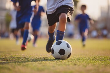 Fototapeta premium Children running on a grassy field while playing soccer during a sunny afternoon, showcasing teamwork and sportsmanship among young athletes