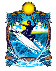 Tropical Surfing Adventure Illustration with Waves and Palm Trees
