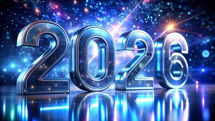 Shiny 3d metallic numbers 2026 on starry night background
