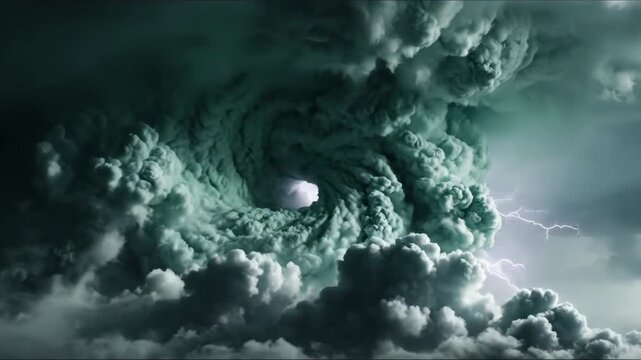 Extremely slow motion close-up of a highly turbulent and volatile dark green thunderhead rotating and forming during a violent storm danger, cyclone, warning