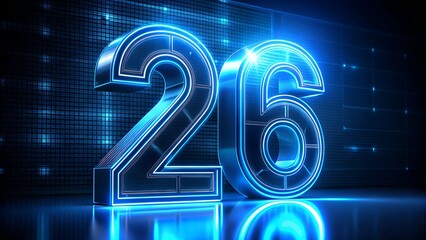 Futuristic glowing number 26 with digital circuit board background in vibrant blue tones