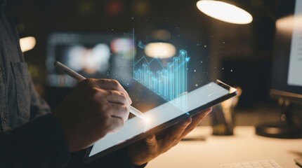 Businessman analyzing financial growth graph with holographic chart
