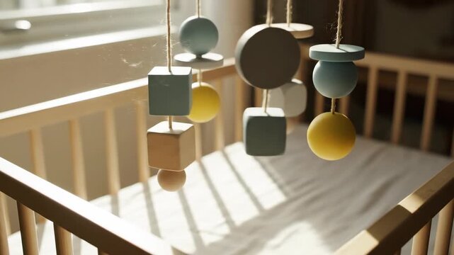 Extremely slow motion close-up of a simple geometric mobile spinning gently above an empty crib illuminated by soft window light spinning gently, pastel blue, interior design