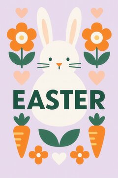 Easter folk illustration with cute bunny surrounded by flowers, carrots and heart symbols in soft pastel colors, playful spring holiday design for greeting cards and posters, marketing, advertising.