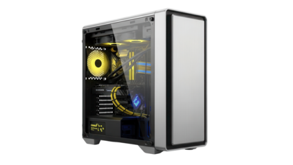 Isolated PC gaming computer case with tempered glass side panel, silver trim and no background