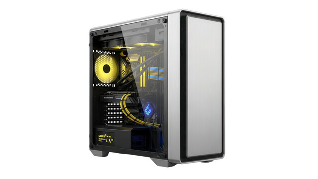 Isolated PC gaming computer case with tempered glass side panel, silver trim and no background