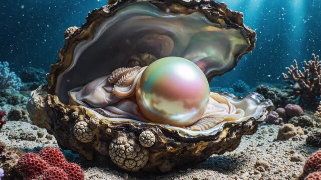 Magnificent iridescent pearl emerging from a giant oyster on the ocean floor, surrounded by coral and marine life.