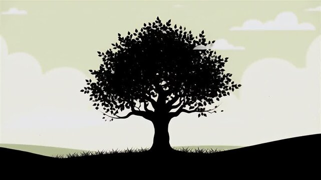 Minimalist Tree Silhouette in Green Landscape with Clouds