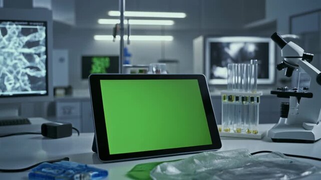 Tablet with green screen on laboratory bench in wildlife forensics lab