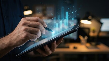 Businessman analyzing financial growth graph with holographic chart