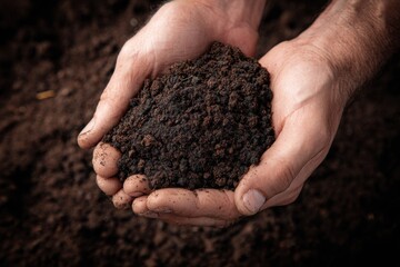 Preparing soil for planting in hands, showcasing rich texture and earthiness, a connection to nature through gardening activity in a garden setting