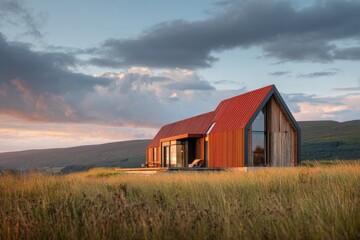 Obraz premium A contemporary house is situated on a hillside, surrounded by lush green grass in the foreground and majestic mountains rising in the background, all illuminated by the warm hues of sunset