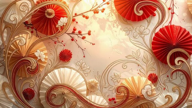 水引 Mizuhiki 075 Art Nouveau Scrollwork Background with Japanese Paper Fans (和紙の扇とアールヌーヴォー調の唐草模様の背景)