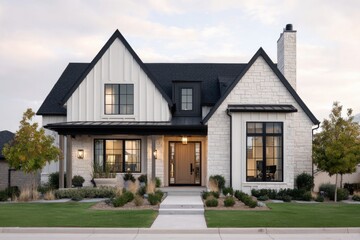Modern house design with stone and wooden features located in a residential area showcasing front yard details and evening lighting
