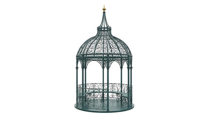 Isolated gazebo with intricate ironwork, a decorative shelter for outdoor seating and events